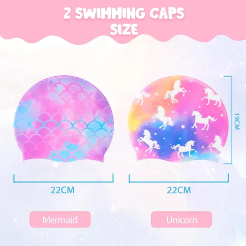 Miniatura 2 de Paquete de 2 gorros de natación impermeables de silicona para niños y niñas (3-8 años), diseño de sirena de unicornio, gorro de natación para niños