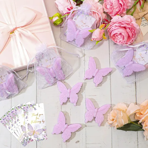 Miniatura 4 de Dunzy Juego de 50 recuerdos de fiesta de bienvenida de bebé con temática de mariposa para invitados, regalos de jabón de mariposa con tarjeta
