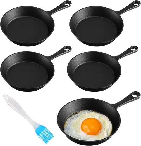 Remerry 5 juegos de sartenes de hierro fundido de 4 pulgadas, mini sartén antiadherente de hierro negro, pequeño plato chisporroteante, sartén para