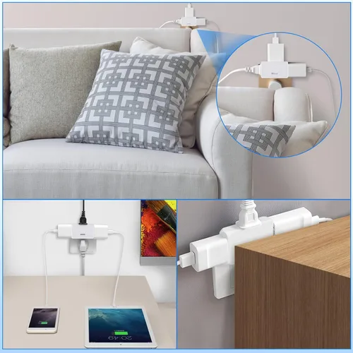 Miniatura 6 de Paquete de 3 extensores de toma de corriente de pared plana de CA, adaptador de enchufe plano, adaptador de pared plegable de 3 vías, enchufe Blanco