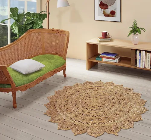 Miniatura 12 de GRUHUM Alfombra de yute tejida a mano de 4' - Fibra natural, redonda, hecha a mano, estilo bohemio, rústica, vintage, suave, trenzada, reversible