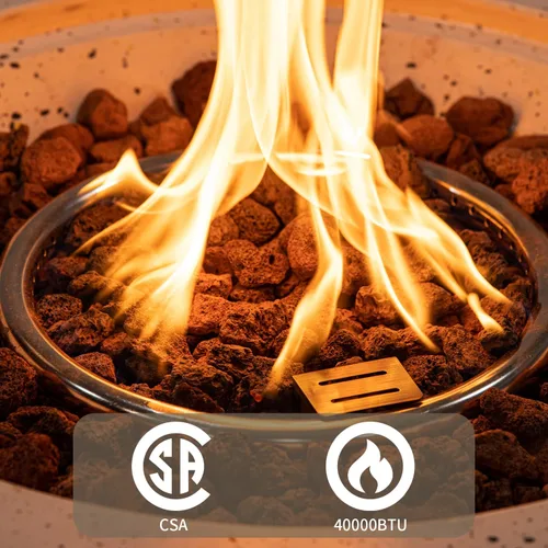 Miniatura 3 de SUNBURY Mesa redonda para fogata de propano de 28 pulgadas, mesa redonda con tanque de 40.000 BTU, mesa de gas blanca manchada para patio