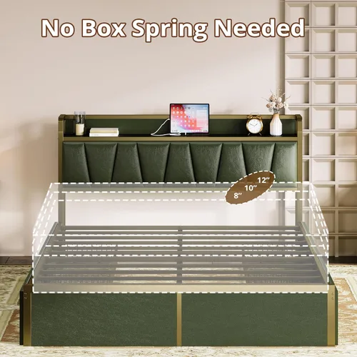 Miniatura 7 de LIKIMIO Armazón de cama Queen con 4 cajones de almacenamiento, cama de plataforma con cabecera con carga, resistente y estable, sin ruido, no Verde