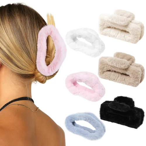 Miniatura 12 de Pinza de felpa esponjosa para el cabello, 6 unidades, lindas pinzas para el cabello para mujeres, pasadores peludos para el cabello y niñas