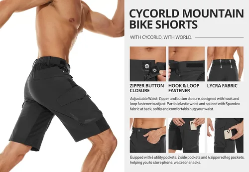 Miniatura 4 de Pantalón corto Cycorld para ciclismo de montaña, bolsillos con cierre de cremallera, liviano, ligero de ajuste, para hombre