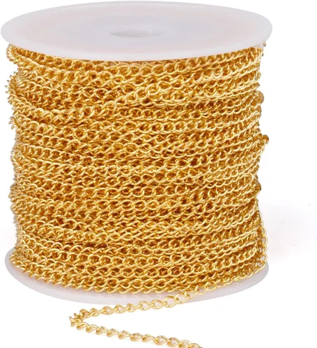 Miniatura 18 de [66 pies/20M] Cadena de bordillo de acero inoxidable chapada en oro de 18 quilates, 2mm, acero inoxidable 304, eslabones trenzados planos, cadenas