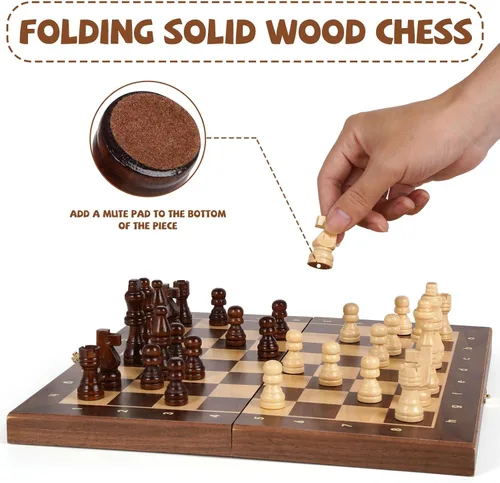 Miniatura 2 de Juego de ajedrez magnético de viaje de 12 pulgadas, tablero de ajedrez magnético de madera con 2 reinas extra, tablero de ajedrez plegable