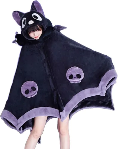 Bonita manta de Halloween con capucha, tamaño libre para adultos, diseño de murciélago diablo, manta de sherpa suave de gran tamaño, con capucha
