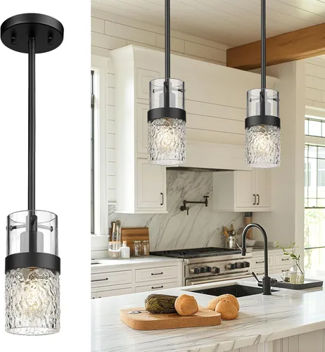 LMS Luces colgantes de cristal para isla de cocina, 1 luz moderna negra colgante con vidrio martillado y varillas, mini iluminación colgante para