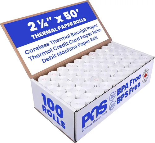 2 1/4 x 50 pies x 100 rollos rollos de papel térmico sin BPA sin núcleo para impresoras de papel de recibos térmicos de mano. 1.181 in de diámetro
