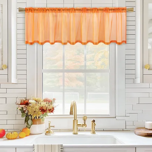 Miniatura 16 de MIULEE Cenefa de otoño para ventana, media ventana, cenefa de cortina transparente terracotta con bolsillo para barra, cortina de gasa extra ancha