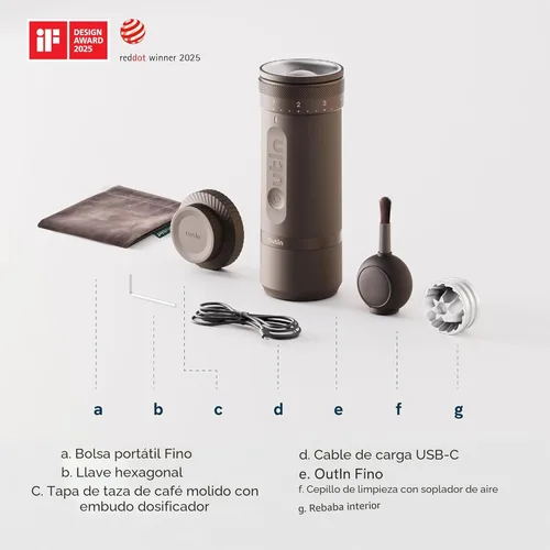 Miniatura 2 de OutIn Fino - Molinillo de café eléctrico portátil, molinillo de granos de café ajustable con 28 ajustes de molienda precisos, molinillo de café