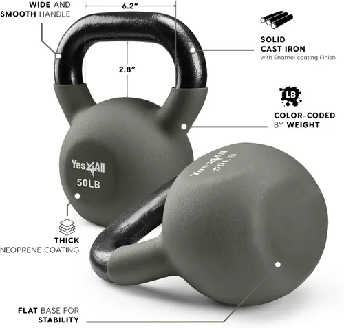 Miniatura 10 de Yes4All Pesas rusas, pesas rusas de hierro fundido recubiertas de neopreno de 5-65 LB, asa de agarre ancho y fondo plano para balanceos, D. 15