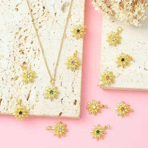 Miniatura 6 de Ipotkitt - 20 piezas de dijes de cobre con circonita cúbica micropavé en forma de flor con anillo de salto, dijes con forma de planta y flor