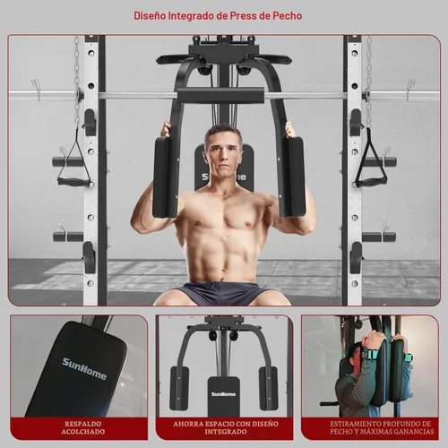Miniatura 5 de SunHome Smith Machine, soporte para sentadillas Power Cage con barra Smith, sistemas de tracción LAT, máquina cruzada de cables y accesorio de cable