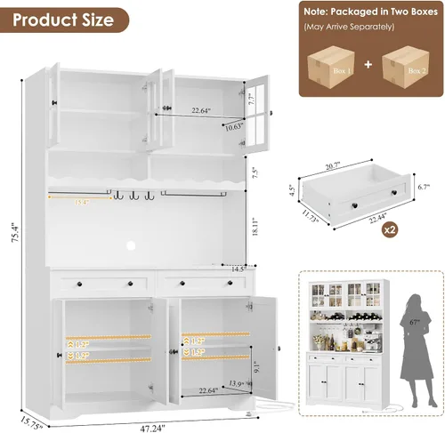 Miniatura 3 de HOSTACK Gabinete de Despensa de Cocina de 75.4" de Alto con Estación de Carga, Aparador de Cocina Blanco Moderno con Soporte para Microondas