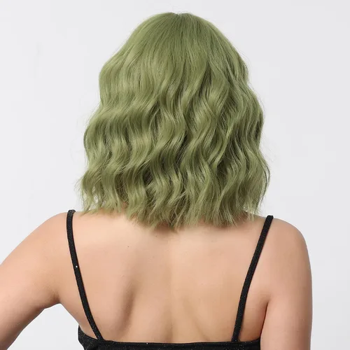 Miniatura 4 de BERON Pelucas cortas verdes para mujer, peluca rizada ondulada con flequillo para niñas, pelucas de cabello de color verde aguacate, peluca