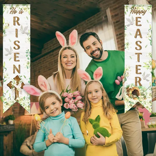 Miniatura 5 de Outus Cartel de feliz Pascua para porche con texto en inglés «He Is Risen» para puerta delantera, decoración de pared para colgar en la pared, fondo