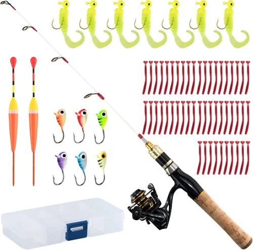 Dr.Fish Caña de pescar en hielo y carrete Combo de bastones de pesca en hielo Kit completo de caña giratoria de invierno y carrete paquete de
