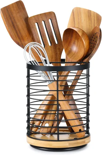Miniatura 8 de Soporte giratorio de 360° para encimera de cocina, 5.9 x 5.9 x 7.8 pulgadas, soporte redondo grande para utensilios de cocina con base de madera
