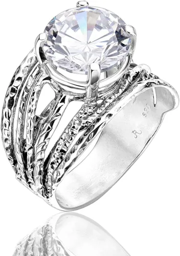 Miniatura 3 de Anillo de plata de ley 925 con una punta de circonita cúbica redonda blanca, hipoalergénico, sin níquel ni plomo, colección de diseñadores