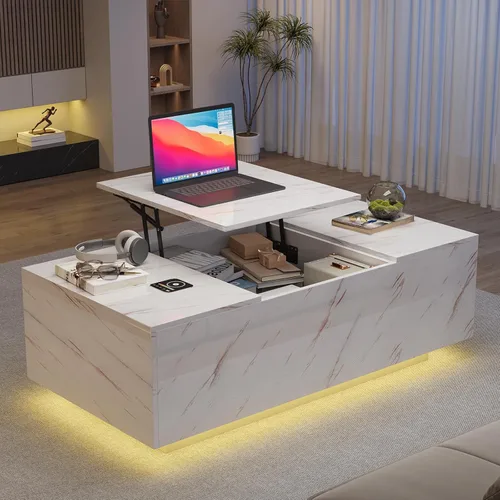 Miniatura 3 de Mesa de Centro LED Moderna de 47" con 2 Cajones, Mesa Central de Doble Capa de Alto Brillo con Carga Inalámbrica y Altavoz Bluetooth Integrado, Mesa