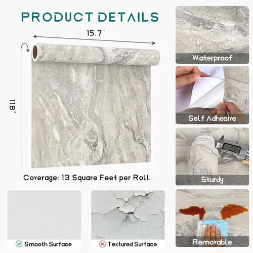 Miniatura 8 de VEELIKE Papel de contacto de mármol beige plateado brillante para encimeras de cocina, despegar y pegar, impermeable, 15.7 x 118 pulgadas, papel