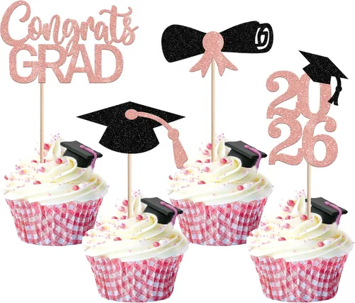 Miniatura 29 de Rsstarxi Paquete de 24 adornos para cupcakes de graduación 2026, con purpurina azul, para la clase de 2026, para diplomas, 24 piezas (6 diseños)