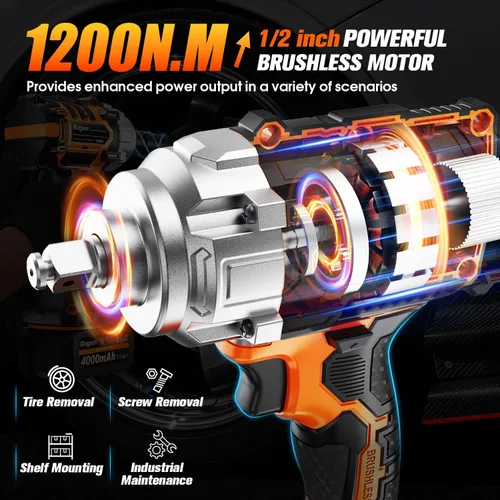 Miniatura 2 de Llave de impacto inalámbrica de 1/2 pulgada, pistola de impacto de alto par sin escobillas de 900 pies-libras (1200 N.m), 3800 RPM, 3 velocidades