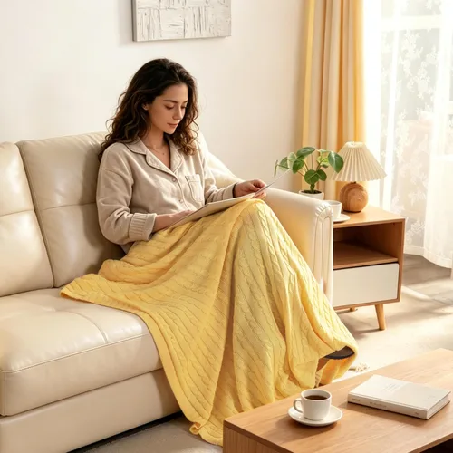 Miniatura 2 de NTBAY Manta de punto de cable de 100 % algodón puro, súper suave y cálida de 51 x 67 pulgadas, manta de punto para sofá, sillón, cama, extra Amarillo