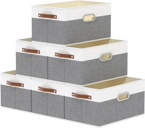 Miniatura 13 de Yawinhe Cestas de almacenamiento de tela, organizador plegable de armario para estantes, cajas grandes con 3 asas, contenedores de lona para ropa