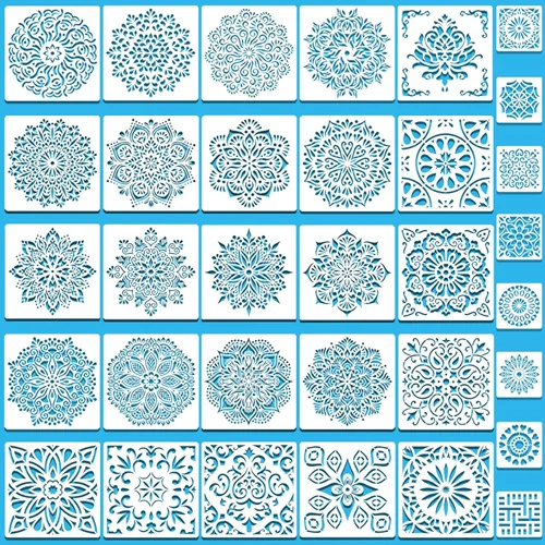 Miniatura 10 de SUNFEEL Paquete de 9 Plantillas Grandes de Mandala - Plantillas Reutilizables de 12 x 12 Pulgadas, Para Manualidades de Bricolaje de Pared y Suelo