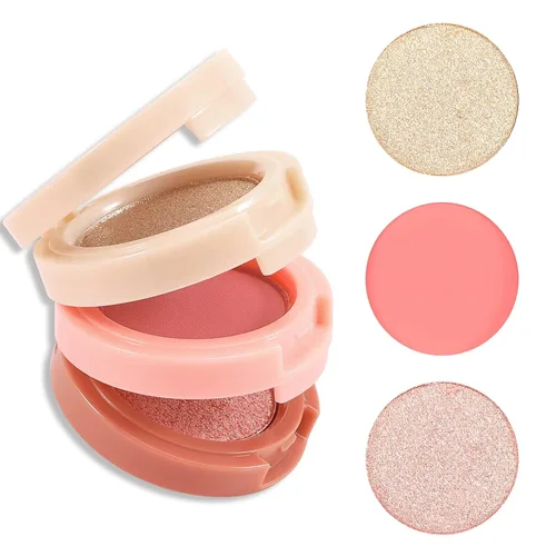 Boobeen Kit de rubor e iluminador, paleta de polvo prensado de maquillaje 3 en 1, bronceador brillante, rubor mate naranja y rosa, paleta facial