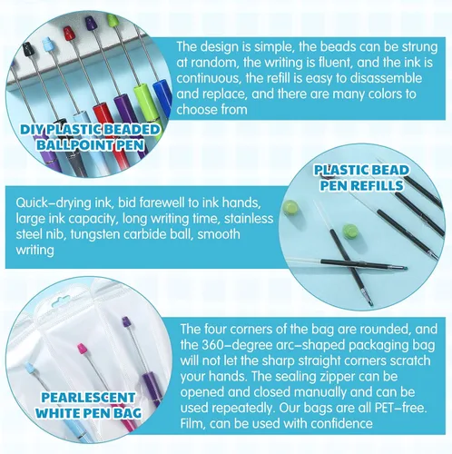 Miniatura 3 de Jetec Kit de 150 bolígrafos de cuentas para bricolaje, 50 bolígrafos de plástico con cuentas, 50 recambios con 50 bolsas para bolígrafos, bolígrafo