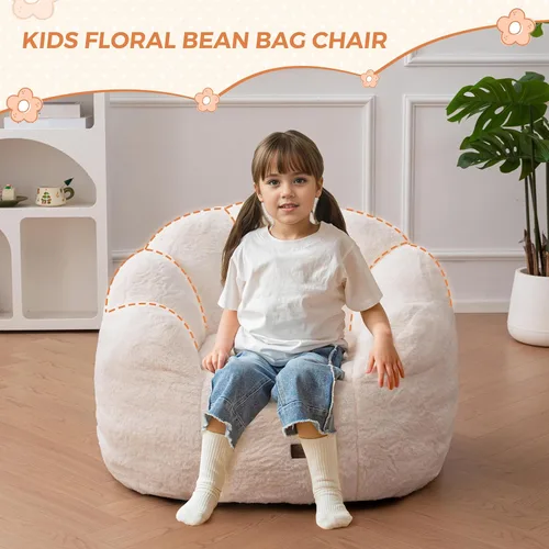 Miniatura 3 de MAXYOYO Puf para niños, sofá de puf en forma de floral, sofá de felpa de piel sintética para niños y niñas, sofá acogedor para guardería, Beige