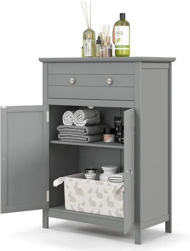 Miniatura 10 de GOFLAME Gabinete de almacenamiento de madera para baño, moderno armario organizador de baño con estante ajustable de 3 alturas, cajón y estante de 2