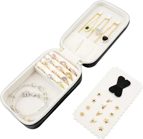 Miniatura 5 de SANQIANWAN Pequeña caja organizadora de viaje de joyería con estuche portátil de piel sintética para collares, anillos, aretes, diseño de borlas