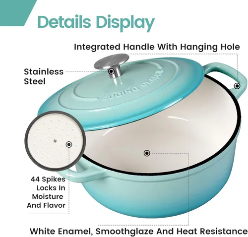 Miniatura 4 de EDGING CASTING Horno holandés cubierto de hierro fundido esmaltado de 5.5 cuartos con doble asa para hornear pan, hornos holandeses con tapa, azul