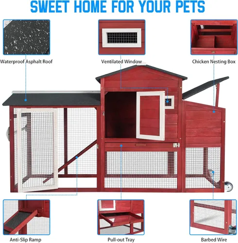Miniatura 3 de PetsCosset Chicken Coop Backyard Chicken House - Tractor de madera para aves de corral para exteriores, con caja nido de pollo, ruedas, techo