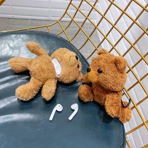 Miniatura 6 de Yatchen Funda de felpa compatible con AirPods 1 y 2, diseño de oso de piel de dibujos animados en 3D, divertida funda protectora con llavero