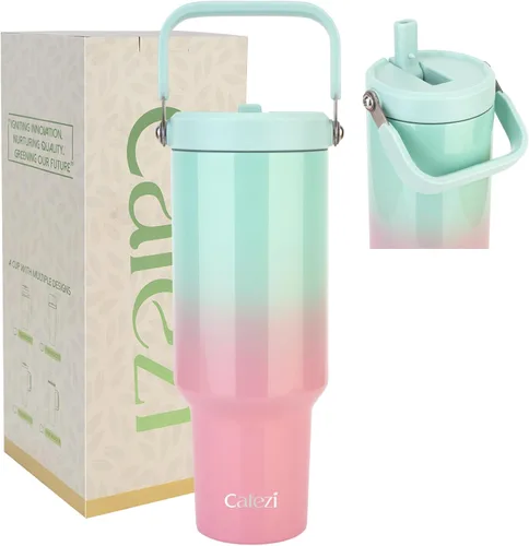 Miniatura 33 de Vaso de 30 onzas con tapa y pajita, vasos de acero inoxidable con aislamiento al vacío con pajita plegable y asa superior, botella de agua aislada
