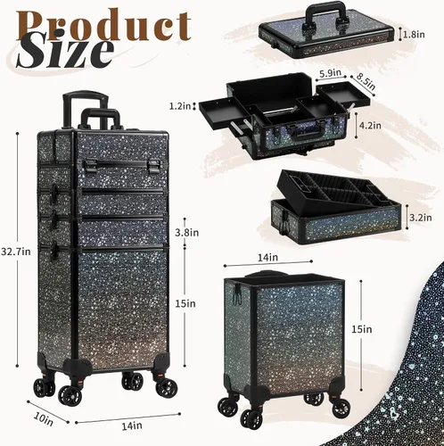 Miniatura 3 de AROUS Estuche de Maquillaje Rodante 5 en 1, Estuche de Cosmetología con Ruedas, Organizador de Cosméticos Grande, Carro de Viaje para Peluquero