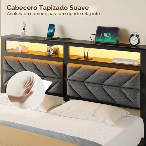 Miniatura 5 de Seventable Base de cama tamaño Queen con estación de carga, cama LED con cabecera de almacenamiento tapizada, cama de plataforma de metal con Gris