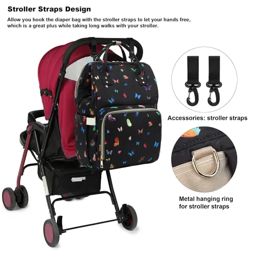 Miniatura 5 de Mochila de Pañales de Mariposa para Bebés Niñas, Mamá Bolsas Impermeables Grandes de Pañales para Mujeres