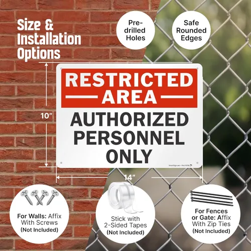 Miniatura 4 de SmartSign Letrero de metal con texto en inglés "Restricted Area - Authorized Personnel Only" de 10 x 14 pulgadas, aluminio laminado a prueba