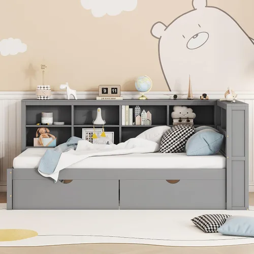Miniatura 16 de HomSof Cama individual con 2 cajones, madera maciza, no necesita somier, gris