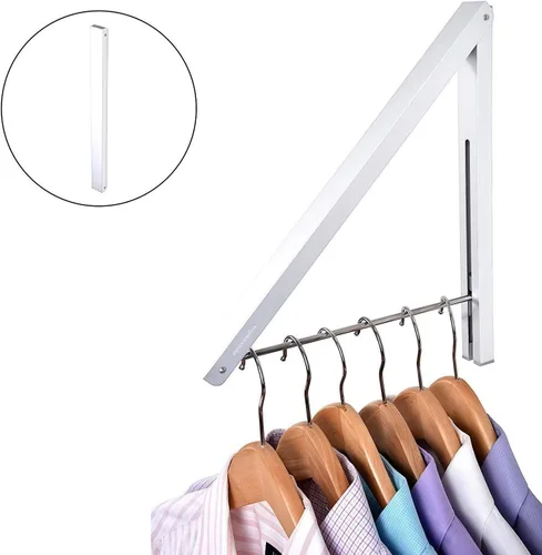 Miniatura 2 de Perchero plegable individual, colgador de ropa retráctil montado en la pared para cuarto de secadora de lavandería, barra de secado colgante, Blanco