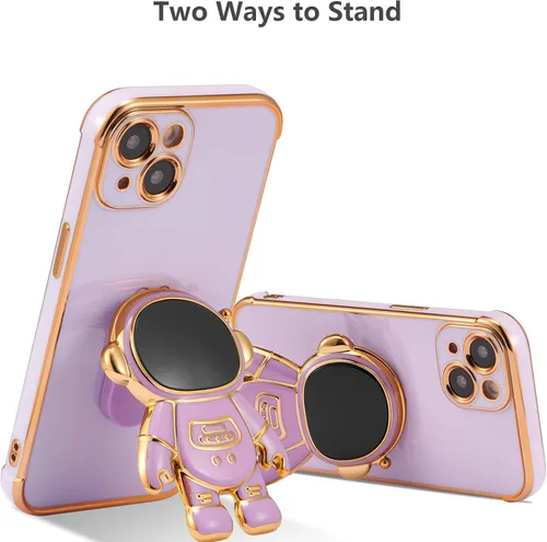 Miniatura 3 de RALEAVO Funda para iPhone 13, bonita funda de astronauta 6D con función de soporte, cubierta de enchapado de lujo, ajuste delgado, TPU suave, Púrpura