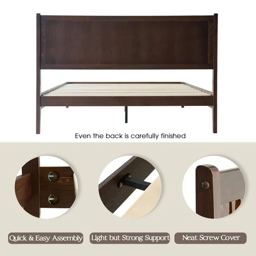 Miniatura 8 de Base de cama de plataforma de madera maciza tamaño King con cabecero y estribo, 12 listones resistentes, patas centrales de metal, almacenamiento