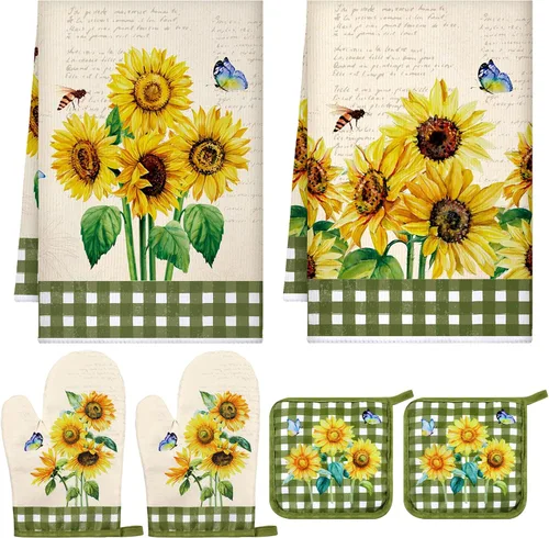 Miniatura 12 de Leinuosen 6 paños de cocina clásicos de girasol, juego de decoración y accesorios para la cocina, diseño floral de plantas, juego de guantes